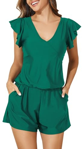 Smismivo Women Swim Romper with Built in Bra and Pockets Ladies Swimming Costume Tummy Control Swimwear Modest One Piece Swimsuit with Shorts Ruffle Sleeve Swim Dress (Green)