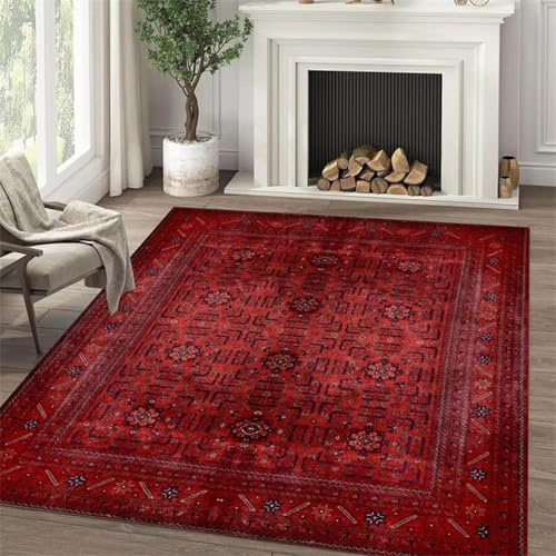 AUWUUA Orientalischer Teppich Wohnzimmer 80x120cm Vintage Boho Teppich Schlafzimmer, Maschinenwaschbarer Kurzflor Rot Bordüre Tribal Bodenteppich für Küche, Esszimmer, Büro, Flurläufer Dekoration