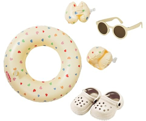 Heless 50550 - Puppen-Schwimmset in Beige Herz Konfetti, mit Schwimmring, Schwimmflügeln, Clogs und Sonnenbrille, für Puppen und Kuscheltiere der Größe 35-45 cm