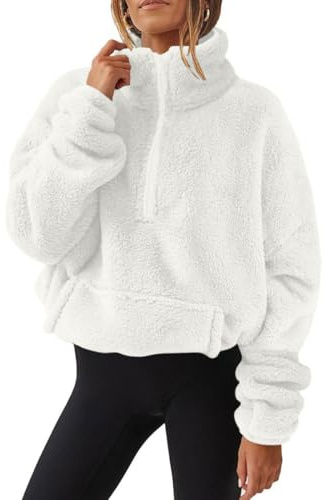 Joligiao huvtröja damtröja oversize teddy pullover dragkedja huvtröja fleecejacka med ficka varm teddyjacka långärmad lös sweatjacka tröjor plyschjacka vinter, Vit, L