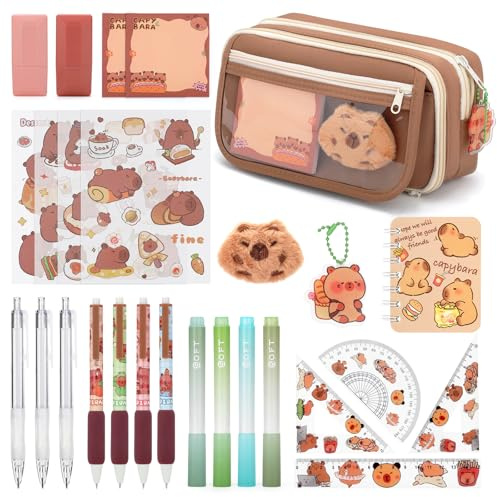 CICIGETI Astuccio Capibara Grande Capacità, Set di Cancelleria Scolastica da 27 Pezzi con Evidenziatori, Penne Gel, Righelli, Correttori e Adesivi, Regalo Carino per Bambini 7-12 anni, Marrone