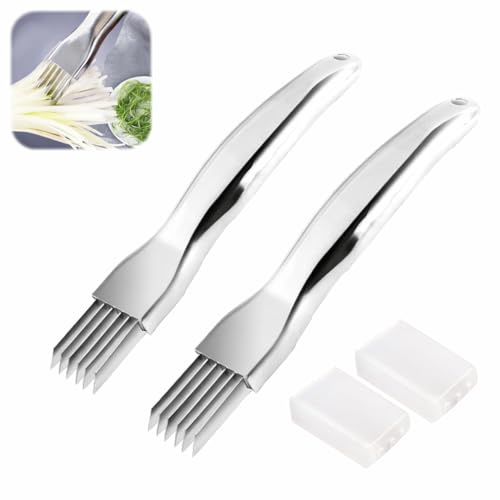 2PCS Shred Silk the Knife, Stainless Steel Green Onion Slicer Cutter Vegetable Chopper, Multifunctional Green Onion Shredder Vegetable Cutter Tool for Kitchen, Garlic, Silver
