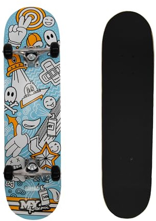 M.Y X-Skate 'Blue Sketch' Skateboard complet 78,7 cm double kick pour enfants, adolescents et adultes Plateau en bouleau 7 plis Roulements ABEC 7 pour tricks et skateparks
