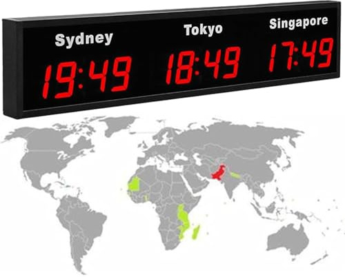Reloj mundial digital grande LED – Pantalla de zona horaria de 3/4/5 para hoteles y oficinas, montado en la pared, reloj multiciudad para negocios globales y viajes, verde-5City