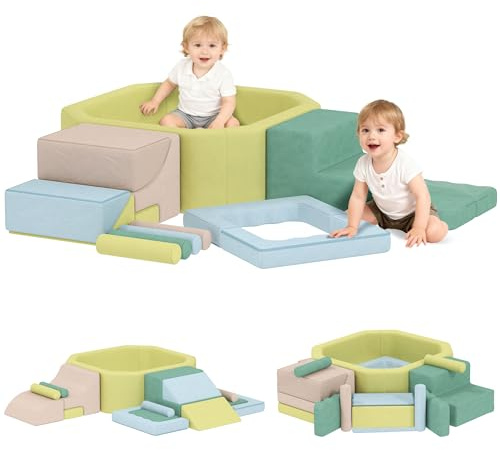 AIYAPLAY 15 PCS Parco Giochi per Bambini in Schiuma con Piscina di Palline, Modulo di Gioco con Rivestimento Lavabile e Rimovibile, Morbido Angolo di Gioco dai 3 Anni in su, Multicolore