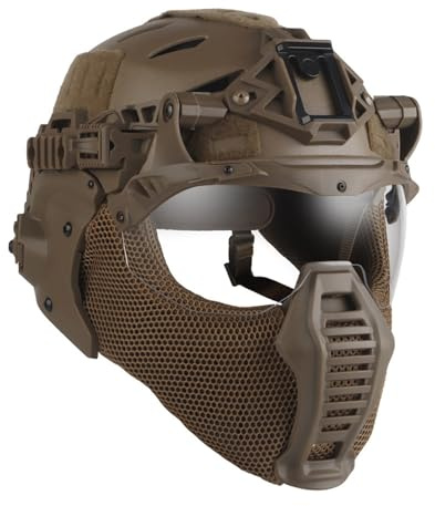 Equipo Completo de Protección Militar para Airsoft: Casco Integral, Máscara Táctica de Malla de Acero, Disfraz de Halloween para Hombre, Ideal para Airsoft, Paintball y CS/CQB.(Tan)