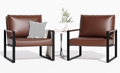 LinkRomat Accent Chair Set of 2 Leather Modern Comfortable Waiting Room Chairs Easy to Clean Couch Chair for Living Room Bedroom Office (Brown)