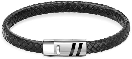 LEAFIA armband herr läderarmband – handflätat äkta läderarmband med magnetlås armsmycke svart present för män – 21 cm