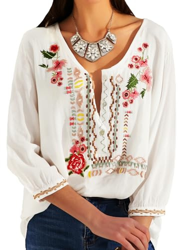 Blusa de túnica con Bordado Bohemio de Manga 3/4 para Mujer - Blanco - XL