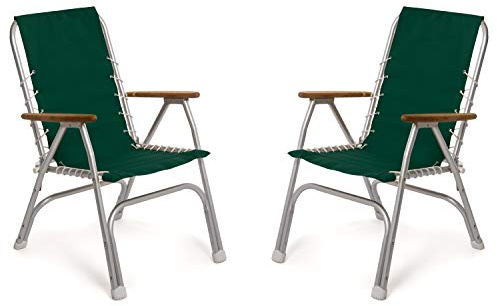 FORMA MARINE Boat Chairs High Back Green Deck Folding Marine Aluminum Teak Furniture Set of 2 M150GR