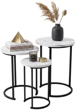 Lavish Home Round Nesting Tables Set of 3, Faux Marble Tabletop, White