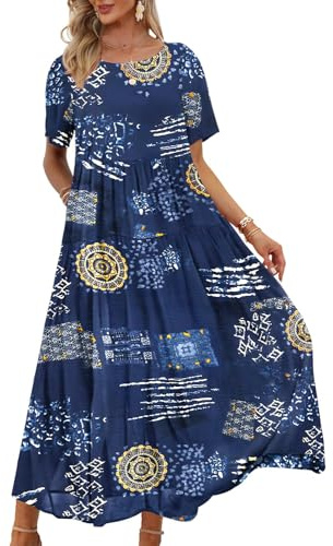 YESNO Women Dresses Casual Plus Size Bohemian Short Sleeve Floral Long Maxi Summer Beach Swing Dress/Pockets EJFUK | Lightweight breathable fabric, loose flowy maxi fit. Versatile summer dress for beach, vacation and daily casual wear