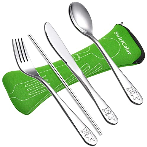 Posate Bambini Acciaio, Set Posate Coltello Forchetta Cucchiaio Paglia Portatile Posate per Bambini Casa Viaggio Camping Picnic 4 Pezzi, con Portaposate