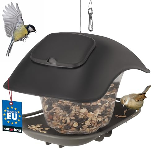 KOTARBAU® Mangiatoia Uccelli Da Esterno - Plastica - 24x17 cm - Nero - con Cavo in Acciaio - Resistente Alle Intemperie - Mangiatoia Uccelli Selvatici - Facile Da Appendere - Design Moderno