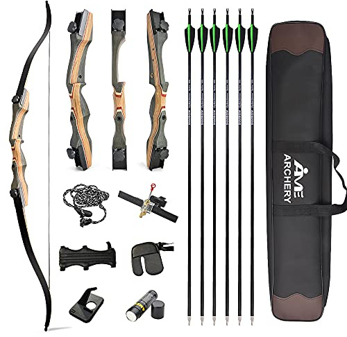 AMEYXGS 62 Arco ricurvo da tiro con l'arco Adulti e giovani Arco da caccia 30-50LBS Riser in legno con accessori per tiro con l'arco Mano destra (50lbs, Tipo 2)