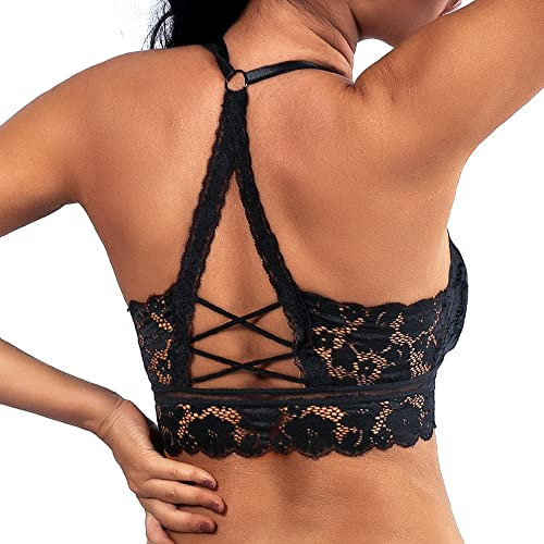 KOEMCY Spitze BH für Damen Push up Nahtlose Bralette Bustier Crop Top Sexy Unterwäsche (Schwarz,L)