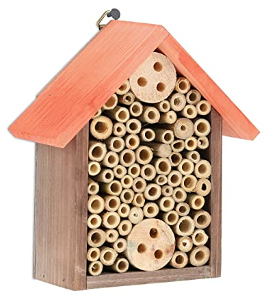 Relaxdays Insektenhotel, Nisthilfe für Bienen, HBT 20 x 17 x 8,5 cm, Garten, Balkon, Bienenhotel, Holz, braun/orange