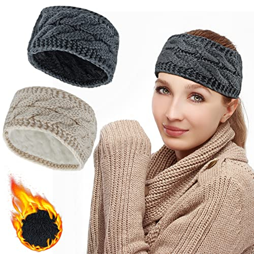 Knitted Headband for Women Hair Winter 2pcs Thick and Warm Cable Knit Ear Warmer (Dark Gray Beige)