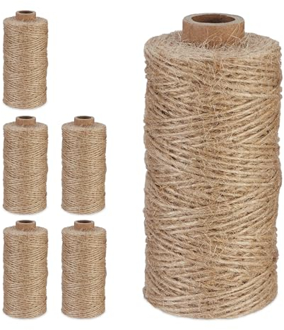 Relaxdays Juteschnur 1 mm, 6 Rollen Jutegarn je 100 m, biologisch abbaubar, Basteln, Garten, Verpackung, Kordel, Natur