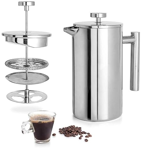 WIGUROE Cafetière à filtre à 3 niveaux, 350 ml en acier inoxydable, cafetière à piston à double paroi isolée, cafetière à piston française, cafetière 2 tasses pour la maison et le bureau