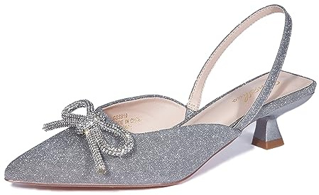 GENSHUO Zapatos de tacón con Lazo de Diamantes de imitación para Mujer, Zapatos de Novia Cerrados con Punta en Punta, Brillo Gris, 40 EU