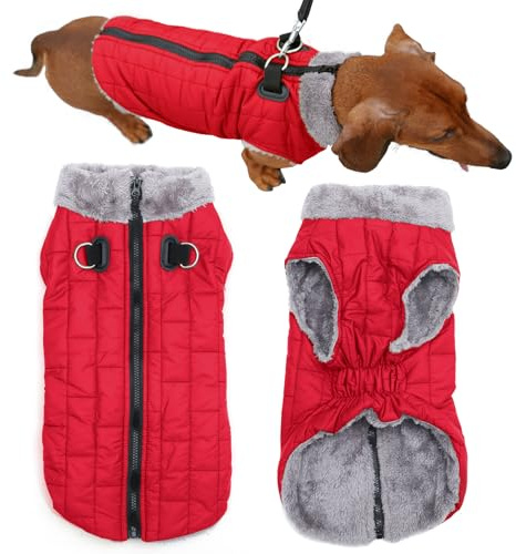 JoyDaog Cappottino per cani in caldo pile con imbracatura resistente Buitl con anello a D, giacca impermeabile per cuccioli di piccola taglia, gilet per cani per l'inverno freddo, rosso, S