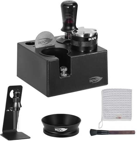 IKAPE 53MM Black Espresso Tool Set 8 IN 1, Coffee Tamper, Distributor, Magnetic Funnel, Puck Screen, Tamper Station, Stirrer Distribution Tool, Cleaning Towel and Brush