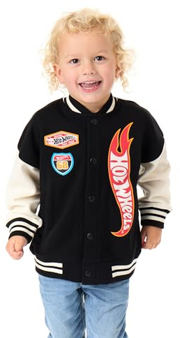 Hot Wheels Boys Bomber Jacket | Kids Flame Logo Graphic Print Varsity Jacket in Black | Childrens Turbo Race Car Print Zipped Baseball Jacket | Model Toy Cars Movie Merchandise Gift