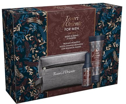 Tesori d'Oriente, Set Regalo Uomo, Include Profumo Aromatico 100 ml, Doccia Shampoo 2 in 1 250 ml e Trousse da Viaggio, Fragranza Legno d'Ebano e Ginseng Simbolo di Forza e Longevità