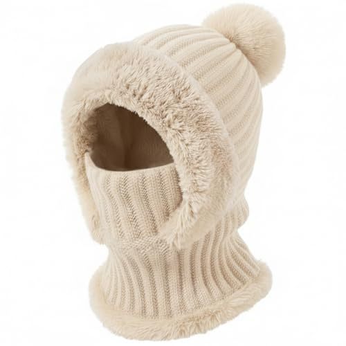 DRESHOW Pasamontañas de Punto Mujer Gorro Invierno Mujer Termico con Calentador Pasamontañas Cortavientos con Pompón para Actividades al Aire Libre en Climas Fríos de Invierno