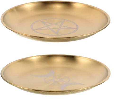 DOITOOL Plateau Rituel Pentagramme Doré 2 Pièces en Acier Inoxydable, Plat à Bijoux Phases de Lune, Plateau D’autel Païen Polyvalent pour Bougies Rituelles, Tarot et Cérémonies