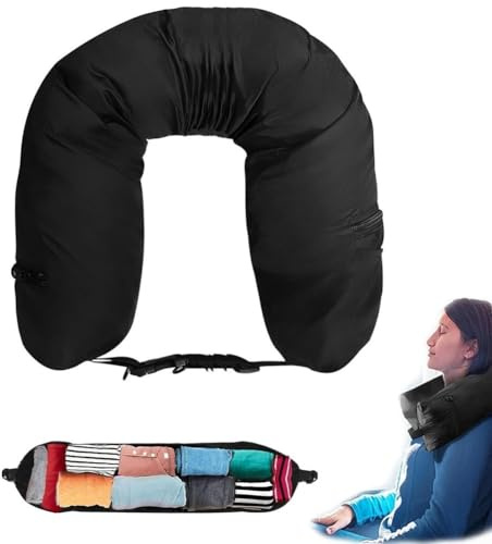 Federa per cuscino da collo imbottita, in nylon resistente all'acqua, con cinghia regolabile da 130 cm, borsa compatta e portatile, per campeggio, volo, pendolarismo, nero
