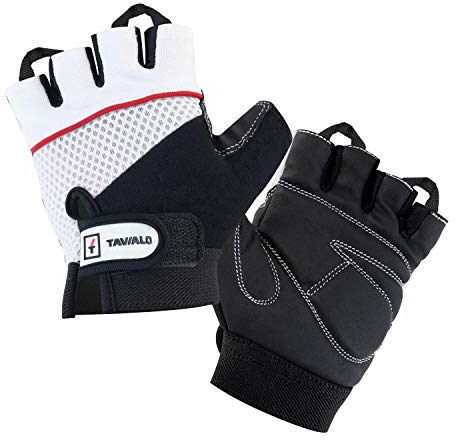 TAVIALO Fitnesshandschuhe, Trainingshandschuhe für Damen, Handschuh Größe M (16-19 cm), Farbe Schwarz/Weiß, doppelt verstärkte Leder-Handinnenfläche