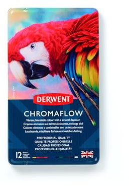 Derwent Chromaflow Buntstifte im 12er Set in Metallbox, 3,5 mm Minenstärke, Mischbar mit Geschmeidiger Textur, Ideal zum Zeichnen, Ausmalen und Layering, Professionelle Qualität, 2305856