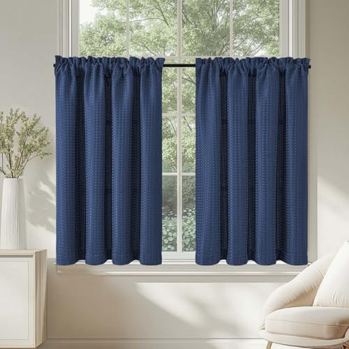 TOPICK Tende Passante tenda da bistrot Filtro della luce porta finestra balcone stile country roulotte corte rustiche soggiorno doccia tenda per interni 2 pezzi 90L x 90A cm, Blu