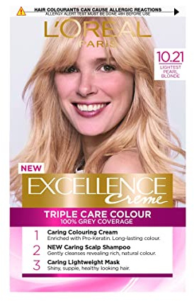 L'Oréal Paris Excellence Crème Permanent Hair Dye, Radiant At-Home Hair Colour with up to 100% Grey Coverage, Pro-Keratin, Up to 8 Weeks of Colour, Colour: 10.21 Lightest Pearl Blonde
