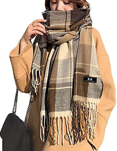 KQueenStar Damen-Schal mit Schottenkaro – lange karierte Deckenschals für Damen im Winter, weiche, warme Schals mit Tartan-Karomuster, Wolle, britischer Stil, rotierende Quaste, lange Stola, Braun-B