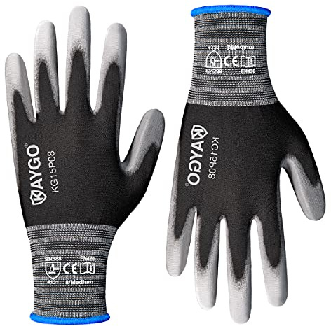 KAYGO Thin Work Gloves PU Coated with Nylon Liner 12 Pairs, KG15PB