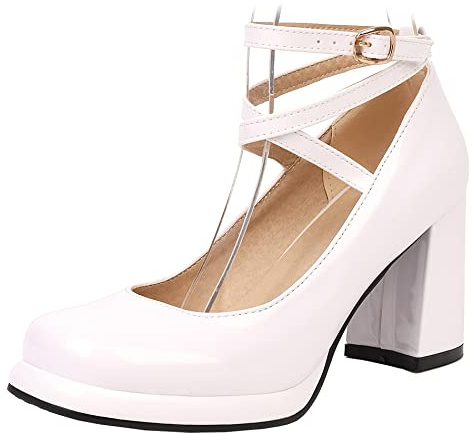Scarpe Mary Jane da Donna con Tacco Largo, Pompe al Tallone Alto Punta Rotonda Fibbia Vestito Pumps con Plateau Criss Cross Strap Moda Tpceic Bianco Numero 33 EU