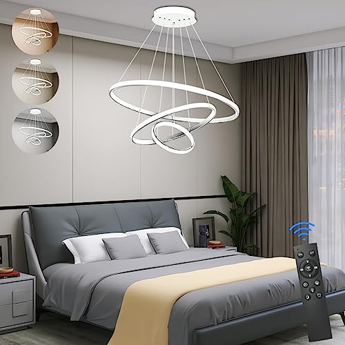 KSIBNW Lampadario Camera A Sospensione LED, Moderna Lampadario Soggiorno Dimmerabili 2700K-6500K Lampada A Sospensione con Telecomando & Controllo APP 3 Squillare Bianco Appendere Luci Regolabile