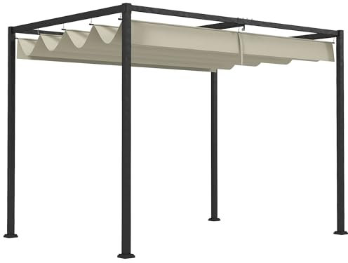 Outsunny Pérgola 3x2 m Cenador de Jardín Pabellón de Diseño Elegante con Techo Retráctil de Poliéster con Recubrimiento Resistente Anti-UV Impermeable para Celebraciones Fiestas Bodas Crema