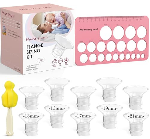 Nursi Luna Kit di dimensionamento flangia 3 in 1 con 13/15/17/19/21 mm per flange/scudi elettrici per tiralatte da 24 mm, 10 inserti in morbido silicone per un pompaggio più confortevole, senza BPA