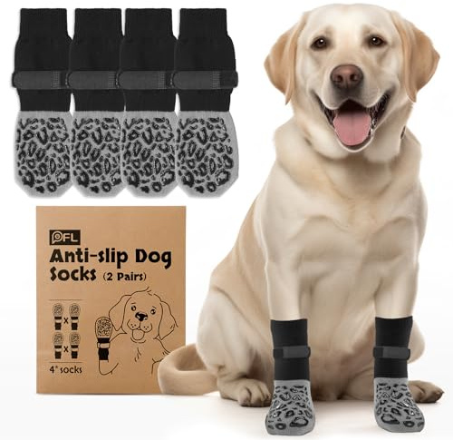 PICK FOR LIFE hundstrumpor halkskydd med justerbara remmar 2 par, M | Dubbelsidigt läckageskydd tasskydd hund för inomhusbruk, skyddar hundtassar från skador på trägolv, grå