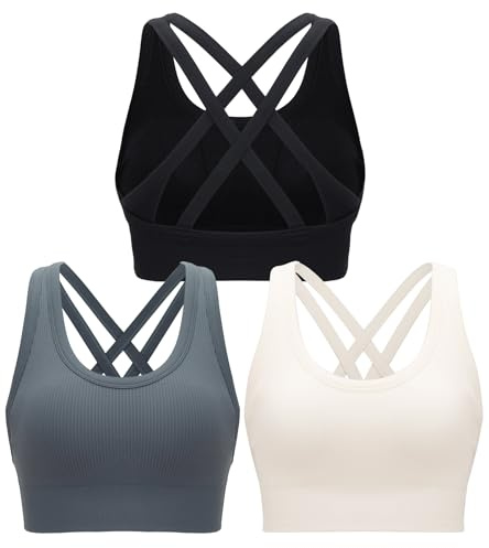 RUNNING GIRL Sports Bras for Women 3 Pack,Running Sports Bra for Women High Support with Removable Pads(WX3011_Black+Grey+White_M)