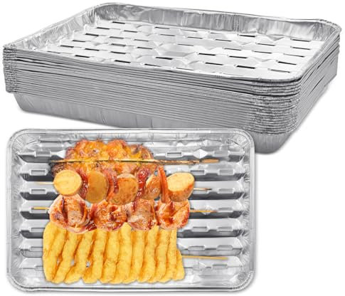 Aleker Paquete de 20 bandejas de aluminio para barbacoa, 34,5 x 22 x 2,8 cm, bandejas grandes de aluminio para cocinar por goteo, sartenes desechables para aire libre, bandeja perforada, accesorios de