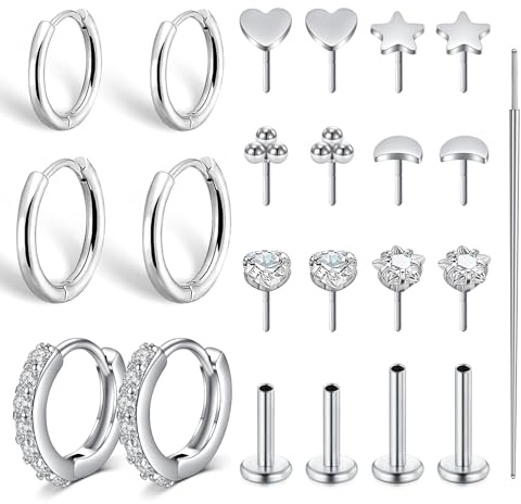 AVYRING Orecchini a cerchio piatto in acciaio inox e spina da donna, 20 g, senza fili, cartilagine, conch, helix, trago, gioielli con CZ, stella, luna, cuore, sfera, Acciaio inossidabile
