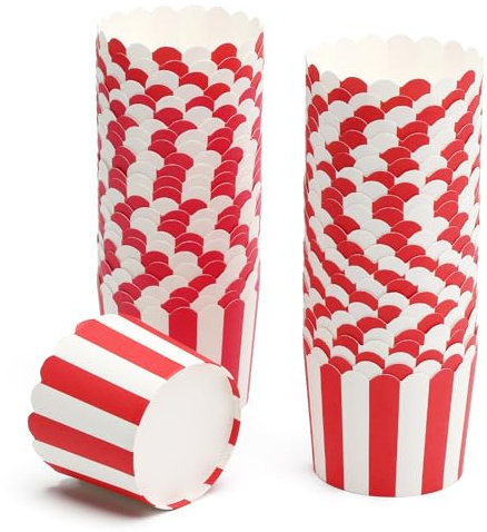 VOSSOT 50 Stycken Muffinsformar Papper, Röd-vita Remsor, Cupcake-formar Papper, Vågig Kant, Ugnssäka upp till 200°C, För Bröllop Barn Födelsedag Festtillbehör, Mini Engångskaka