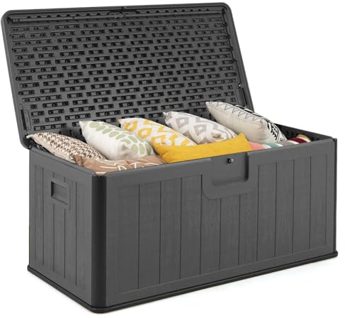 COSTWAY Coffre de Rangement Extérieure en Résine 378 L, Boîte de Rangement Imperméable avec Couvercle Verrouillable, pour des Outils Jouet Accessoires, pour Intérieur et Extérieur (Gris)
