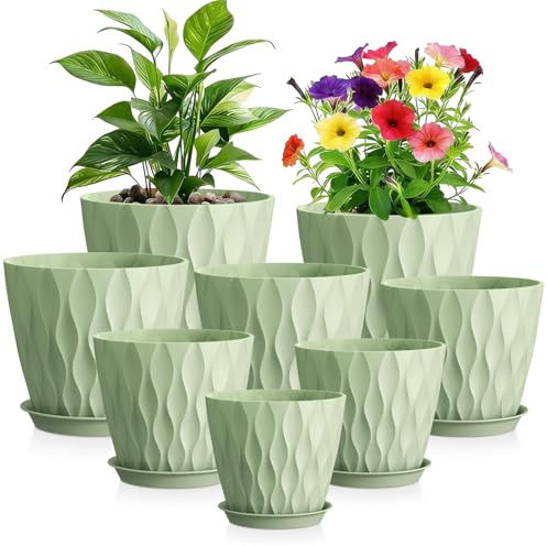 WSMKSZ 8 Set Plant Pots Indoor, 20/17.6/16.3/15/13.8/12.7/11.2/10.2 cm Thick Plastic Flower Pots with Drainage Holes & Saucers, 3D Modern Wave Texture, Decorative Planter Pots for House Plants, Green