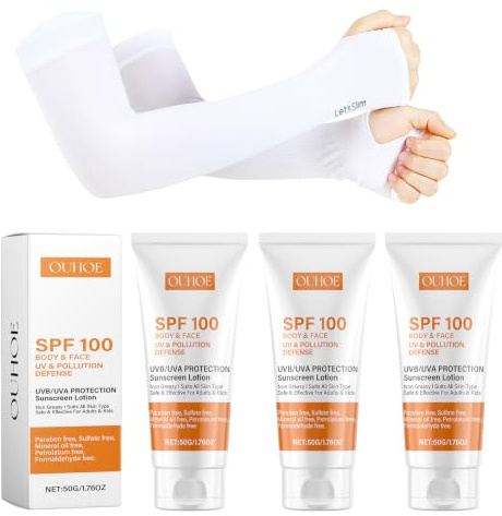 3 Pièces Creme Solaire SPF 100, Moisturising Sun Protection Cream | Sunscreen SPF 100 Visage avec Manchons En Soie Glacée, Résistant à l'eau, Respirant, Convient à Tous Les Types de Peau